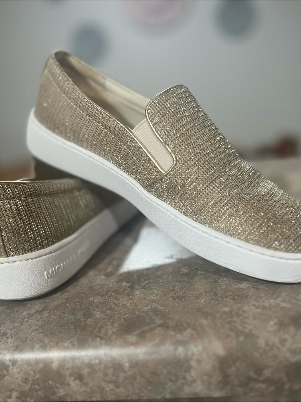 Michael Kors Glitter Slip-On Sneakers in Gold and White